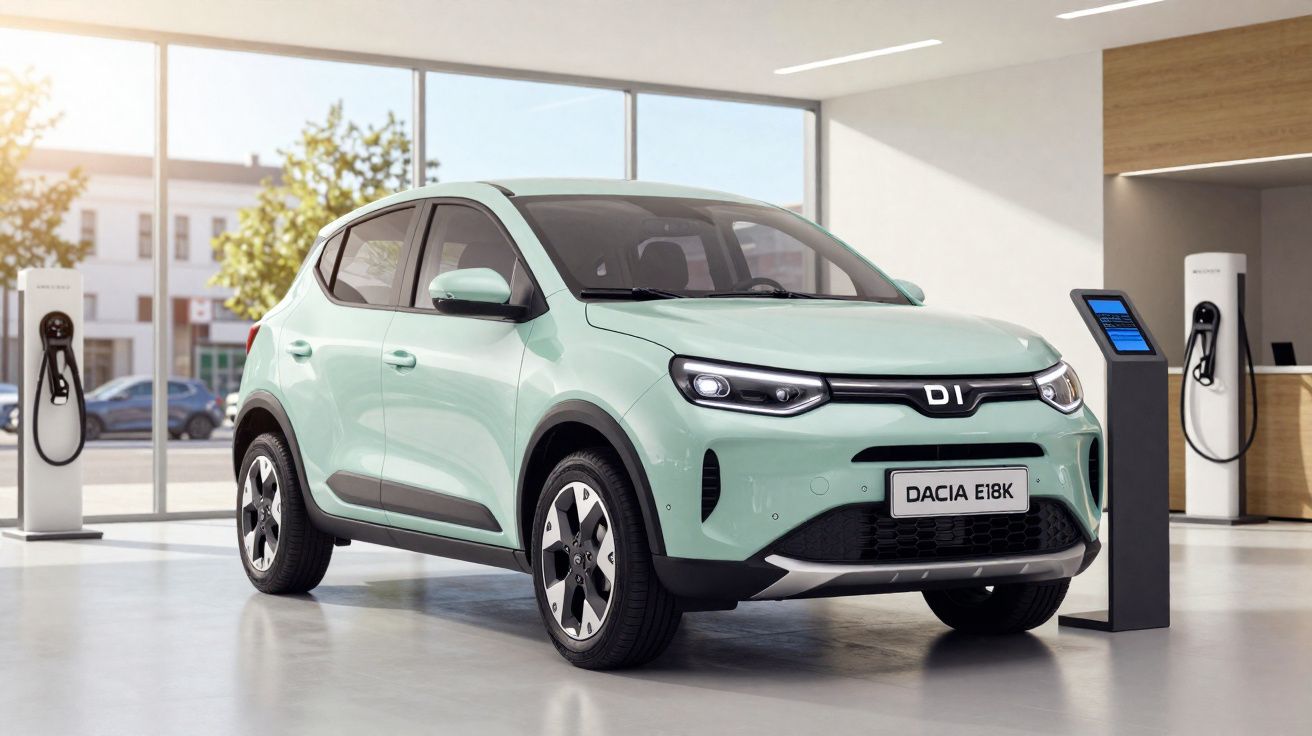 Carro elétrico Dacia E18K verde claro numa sala moderna com estações de carregamento.