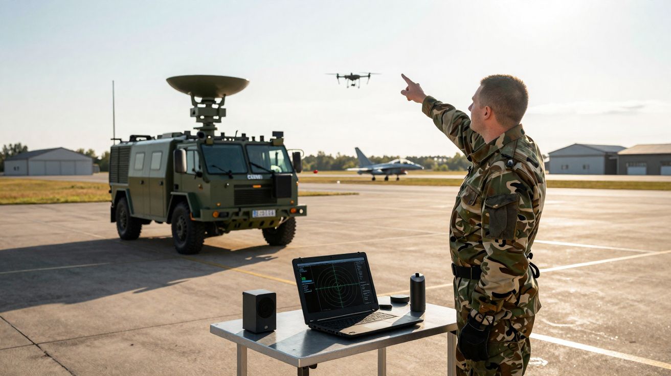 Militar em uniforme aponta para um drone no ar junto a veículo militar e equipamento de controlo num aeródromo.