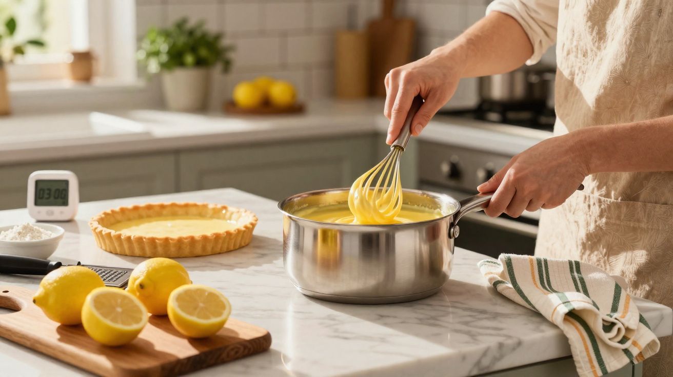 Pessoa a bater creme amarelo numa panela numa cozinha com tarte de limão e limões cortados na bancada.