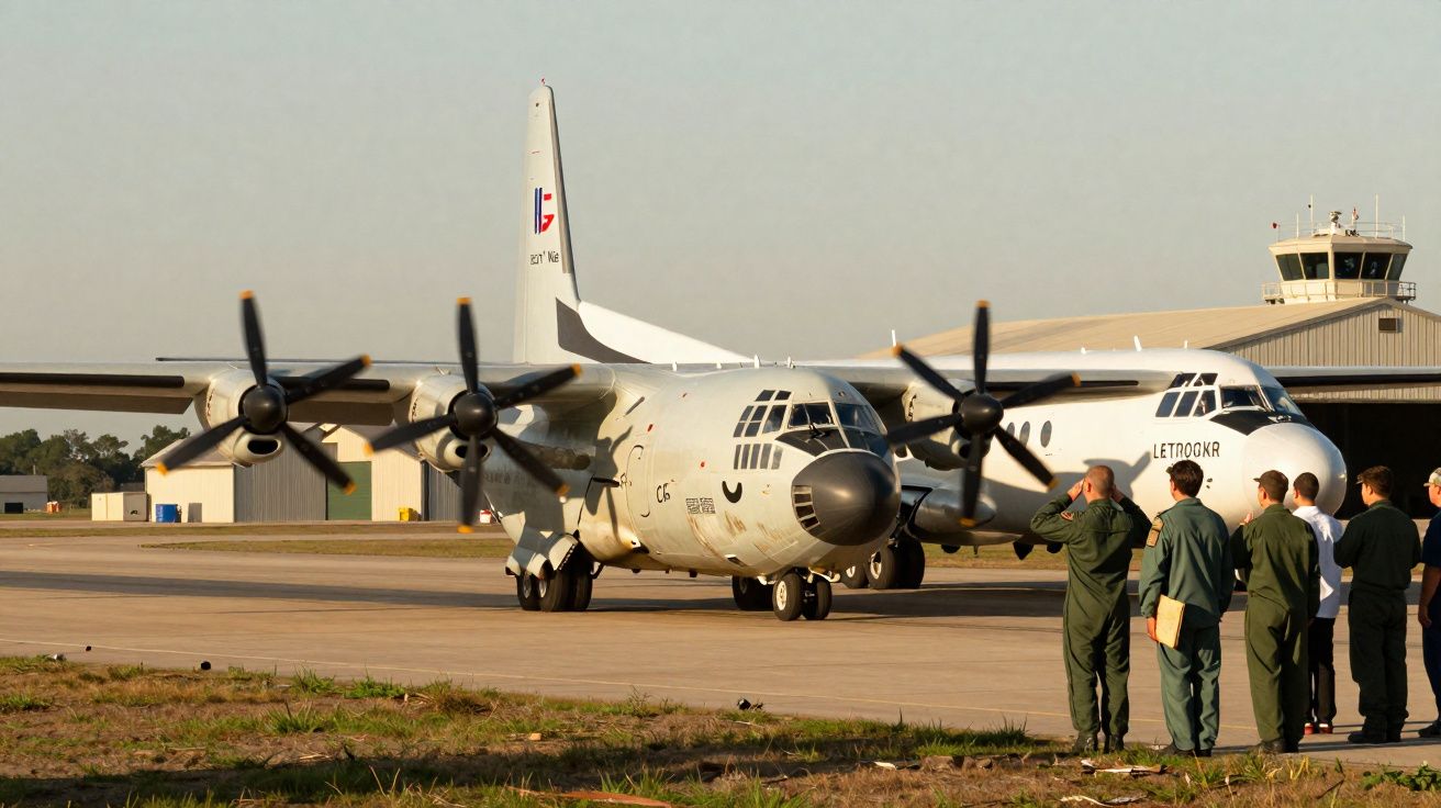 Aviões militares em pista com grupo de soldados e torre de controlo ao fundo sob céu limpo.