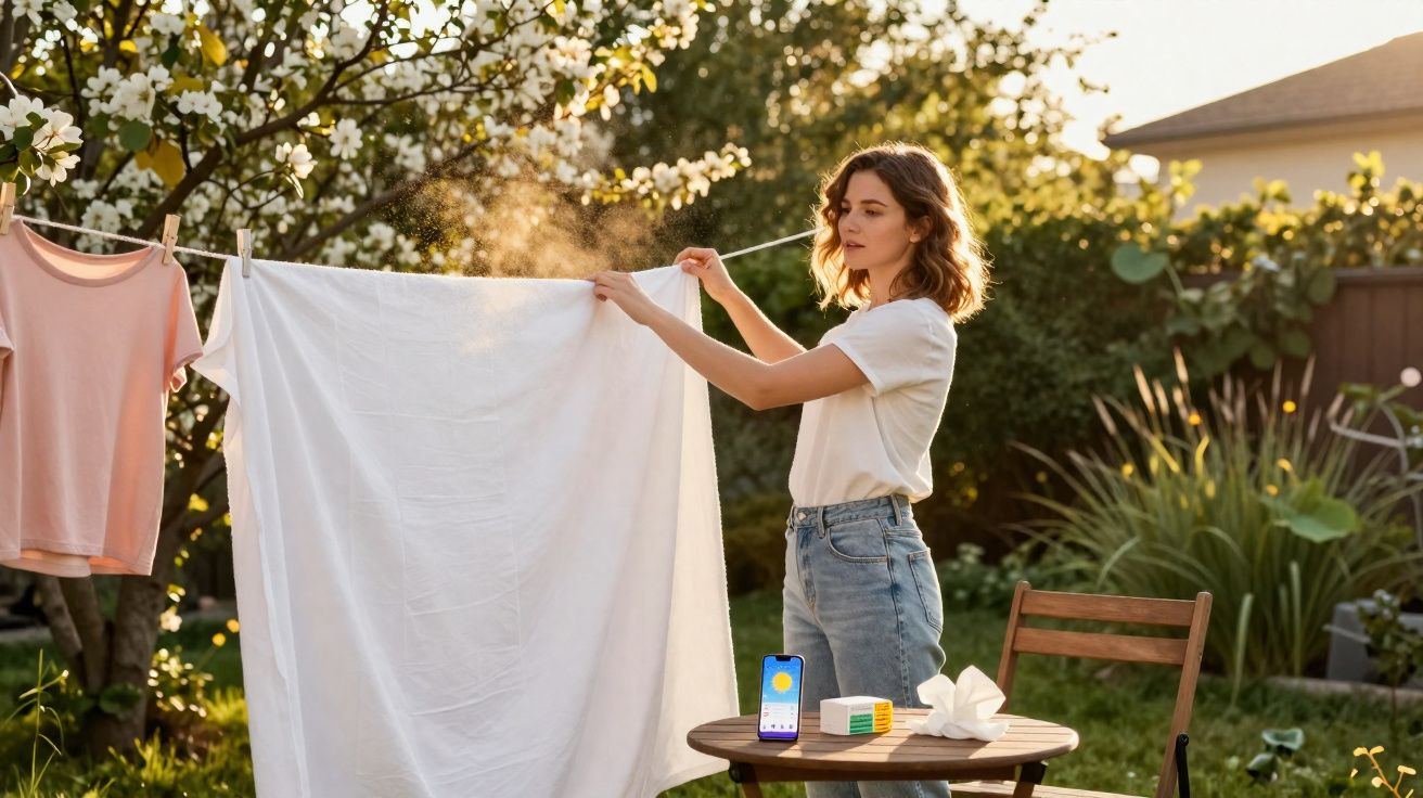 Mulher pendura roupa branca ao sol num jardim com árvores floridas ao entardecer.