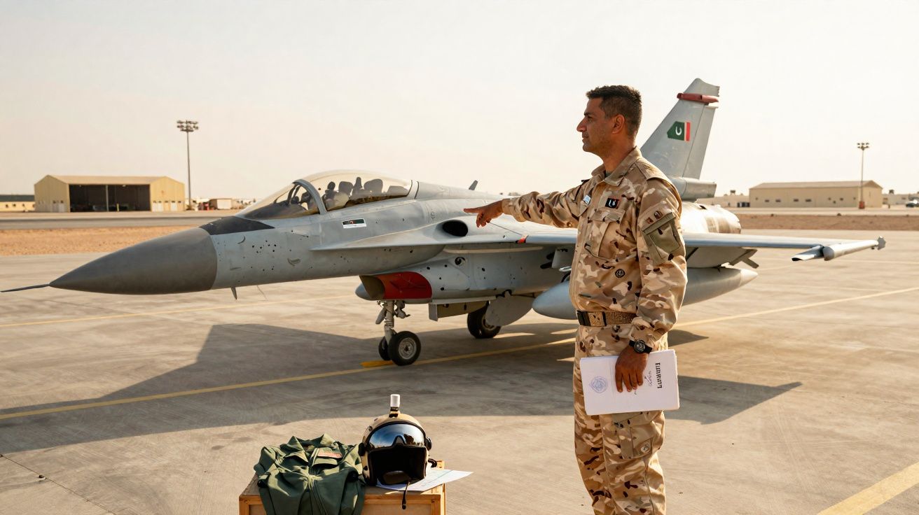 Militar em uniforme de voo junto a caça F-16 estacionado numa pista de aeronaves no deserto.