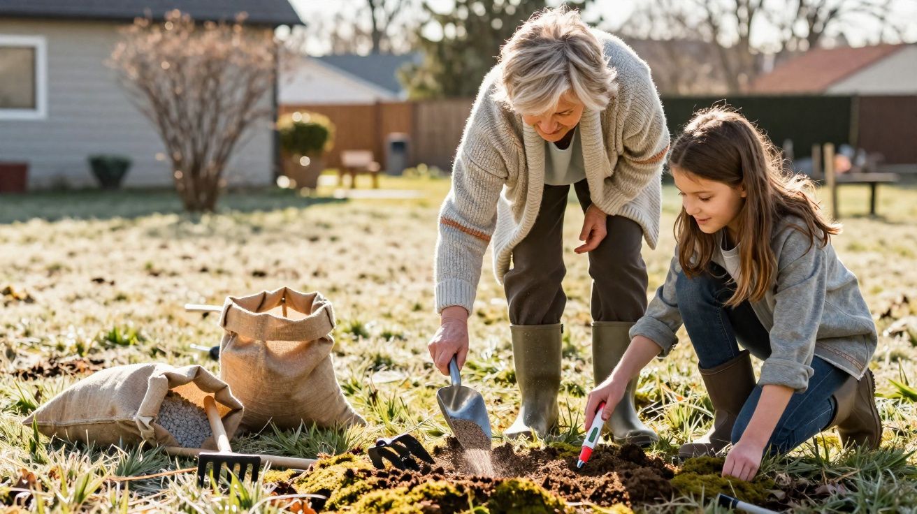 Avó e neta a plantar sementes no jardim num dia ensolarado, com sacos e ferramentas na relva.