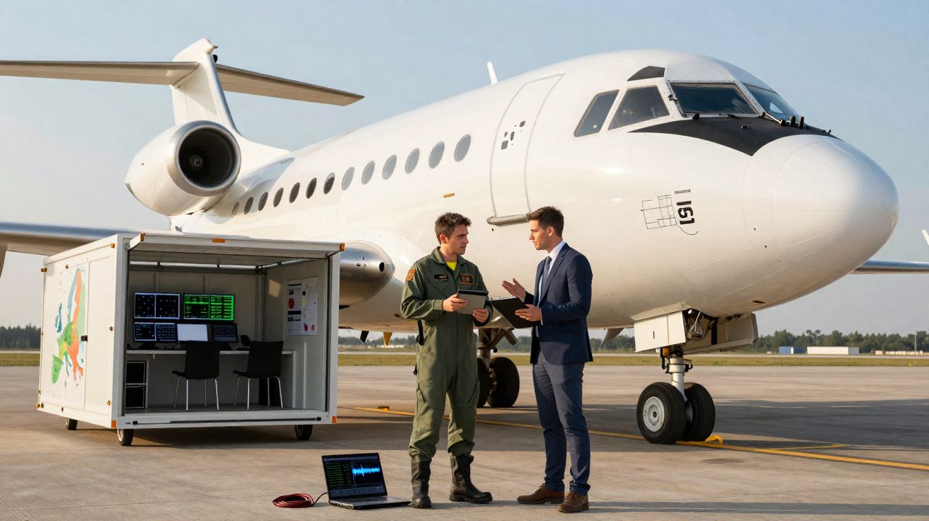 Dois homens, um piloto e um empresário, conversam junto a um avião branco numa pista de aeroporto.