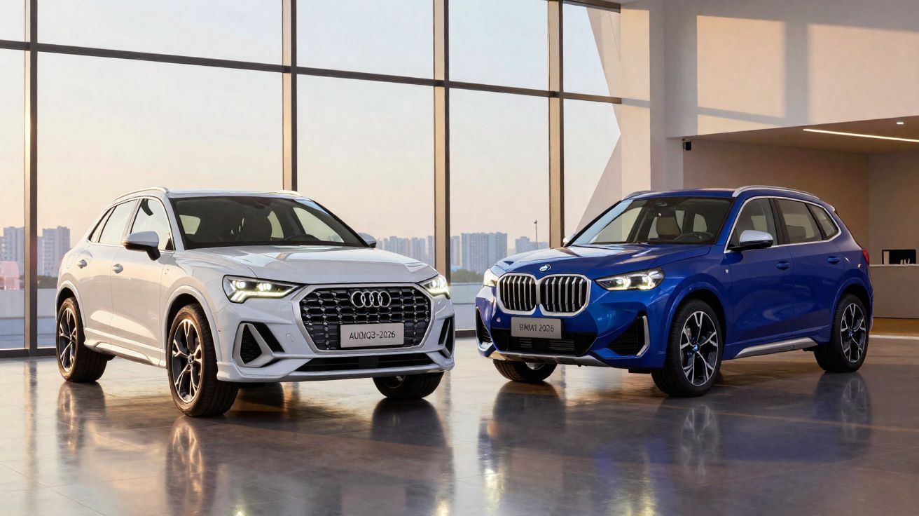 Dois SUVs estacionados num showroom moderno, um Audi branco e um BMW azul, com janelas amplas ao fundo.