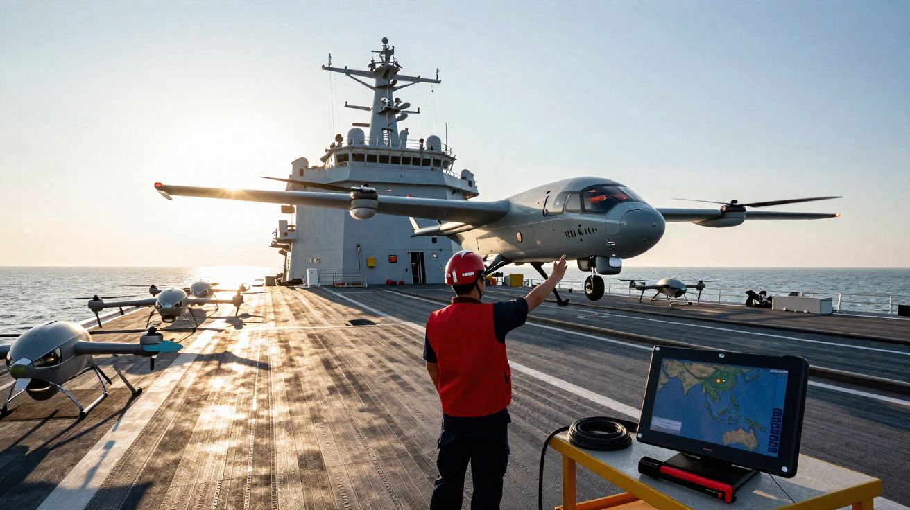 Homem com colete vermelho controla drone cinzento num porta-aviões no mar ao pôr do sol.