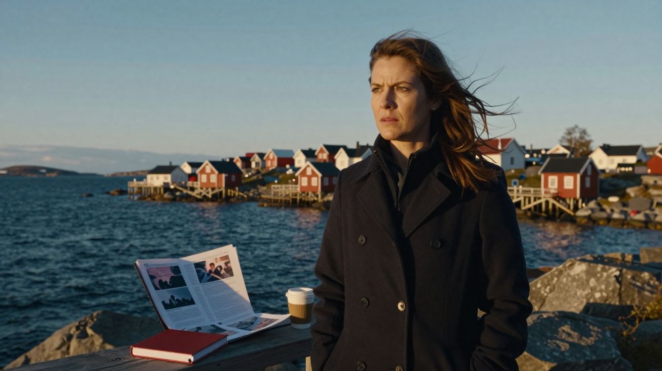 Mulher de casaco escuro junto ao mar, com caderneta, café e documento aberto sobre madeira, aldeia ao fundo.