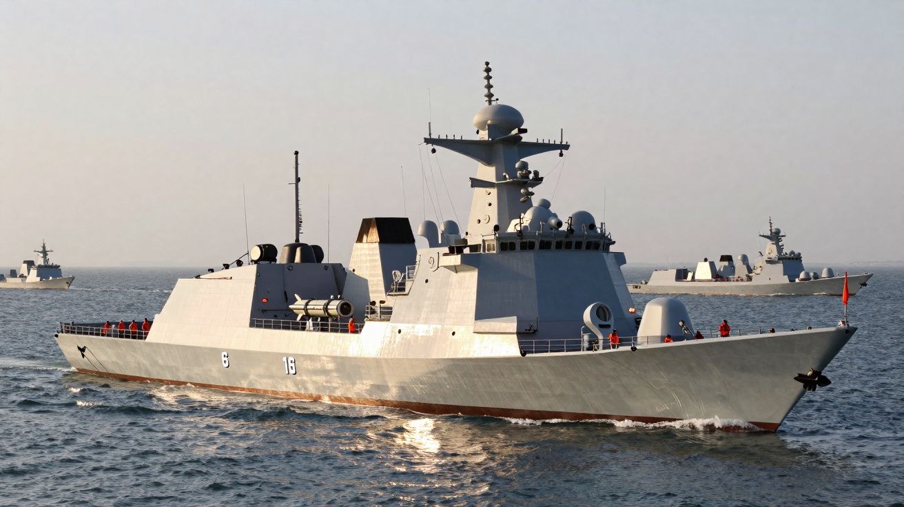 Fragata militar cinzenta a navegar no mar com duas outras embarcações ao fundo sob céu claro.