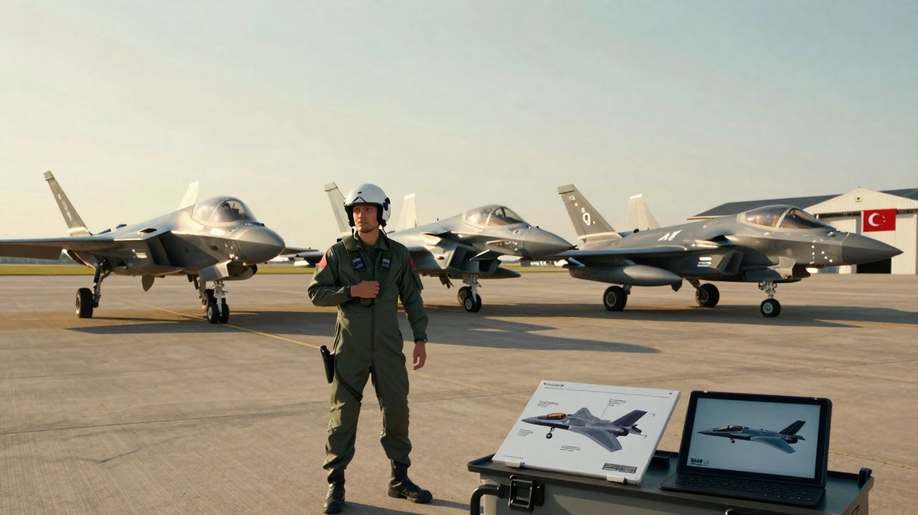 Piloto militar com fato verde e capacete em frente a três caças num aeroporto com bandeira da Turquia ao fundo.