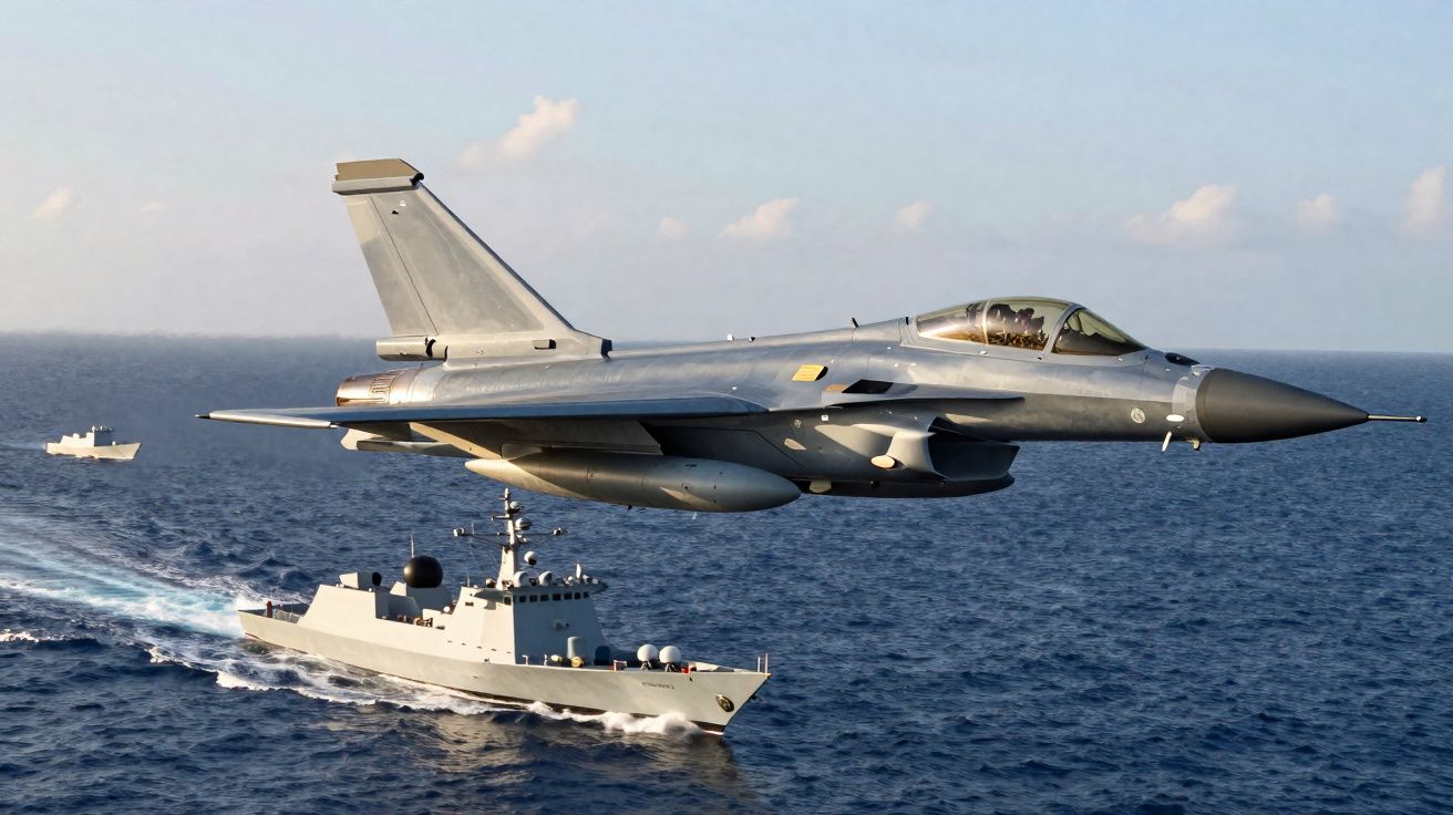 Jato militar a voar baixo sobre o mar com fragata naval em movimento no fundo.