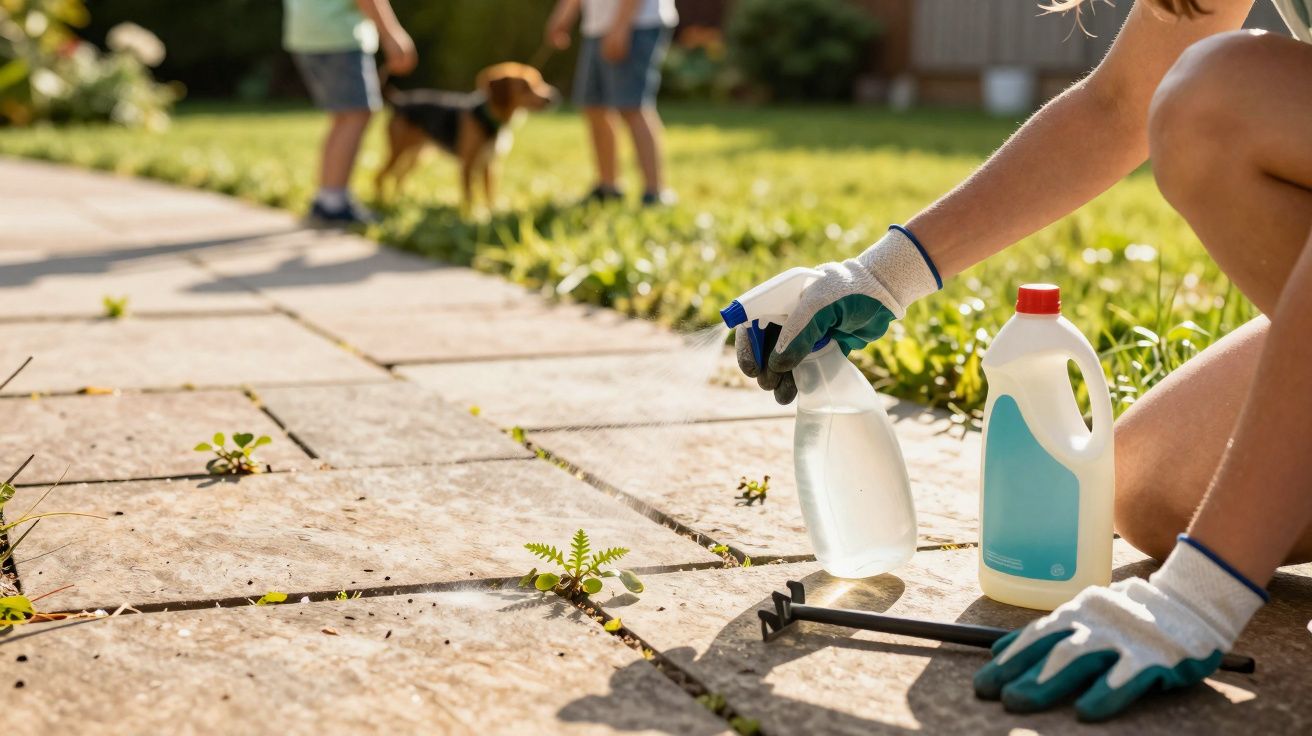Pessoa a pulverizar ervas daninhas entre os azulejos de um jardim, com um cão e duas crianças ao fundo.