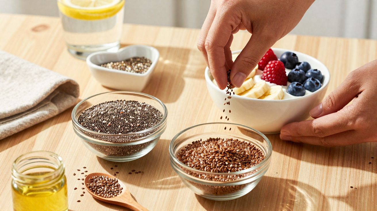 Mãos a adicionar sementes a taça com frutas e sementes em recipientes sobre mesa de madeira clara.