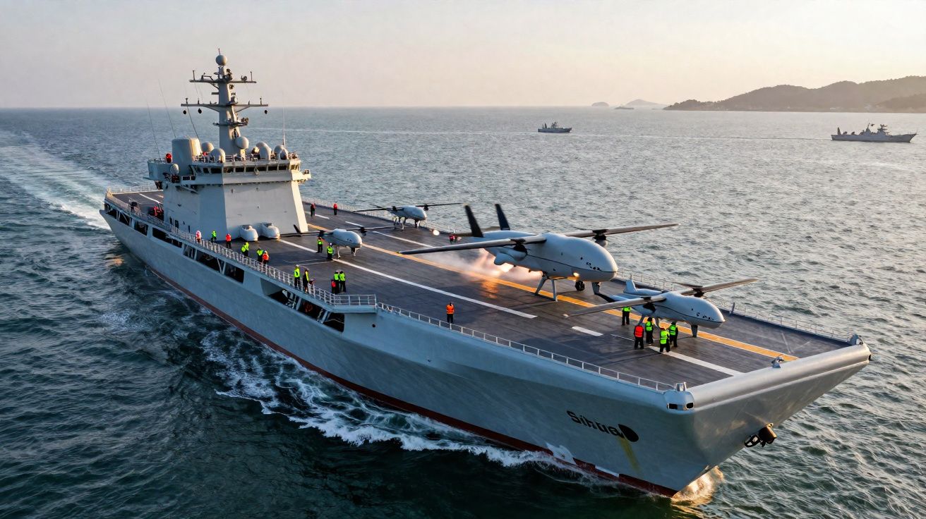 Porta-aviões em mar aberto com drones militares no convés e tripulação a bordo em coletes refletivos.