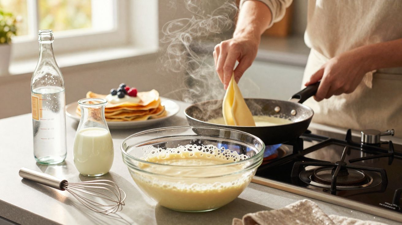 Pessoa a cozinhar panquecas numa frigideira com massa e ingredientes sobre a bancada da cozinha.