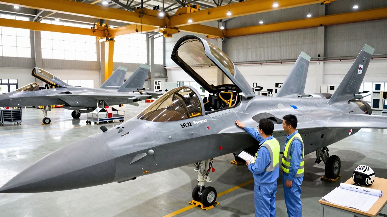 Dois técnicos em colete refletor inspecionam caça militar cinzento com cabine aberta numa sala de hangar.