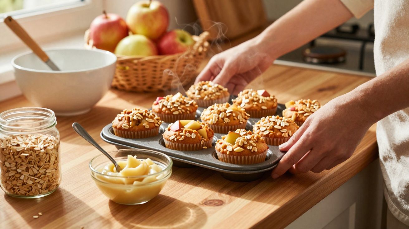 Mãos a retirar forma com muffins quentes de maçã e aveia numa cozinha iluminada pelo sol.