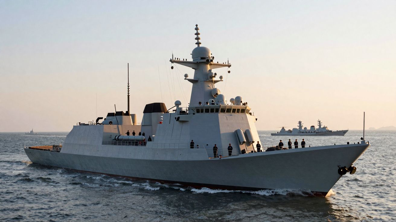 Navio de guerra moderno cinzento com tripulação no convés navegando em mar calmo ao pôr do sol.