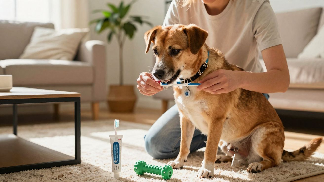 Pessoa a escovar os dentes de um cão castanho numa sala iluminada com tapete e sofá ao fundo.