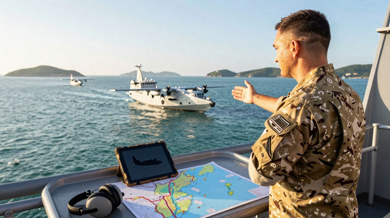 Militar em uniforme camuflado orienta aterrisagem de hidroaviões no mar, com mapa e tablet numa mesa à frente.