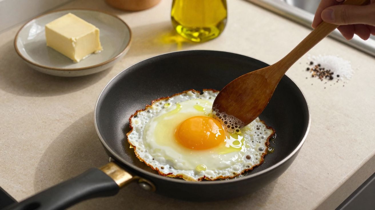 Ovo estrelado a cozinhar numa frigideira preta com manteiga, azeite, sal e pimenta à vista na bancada.
