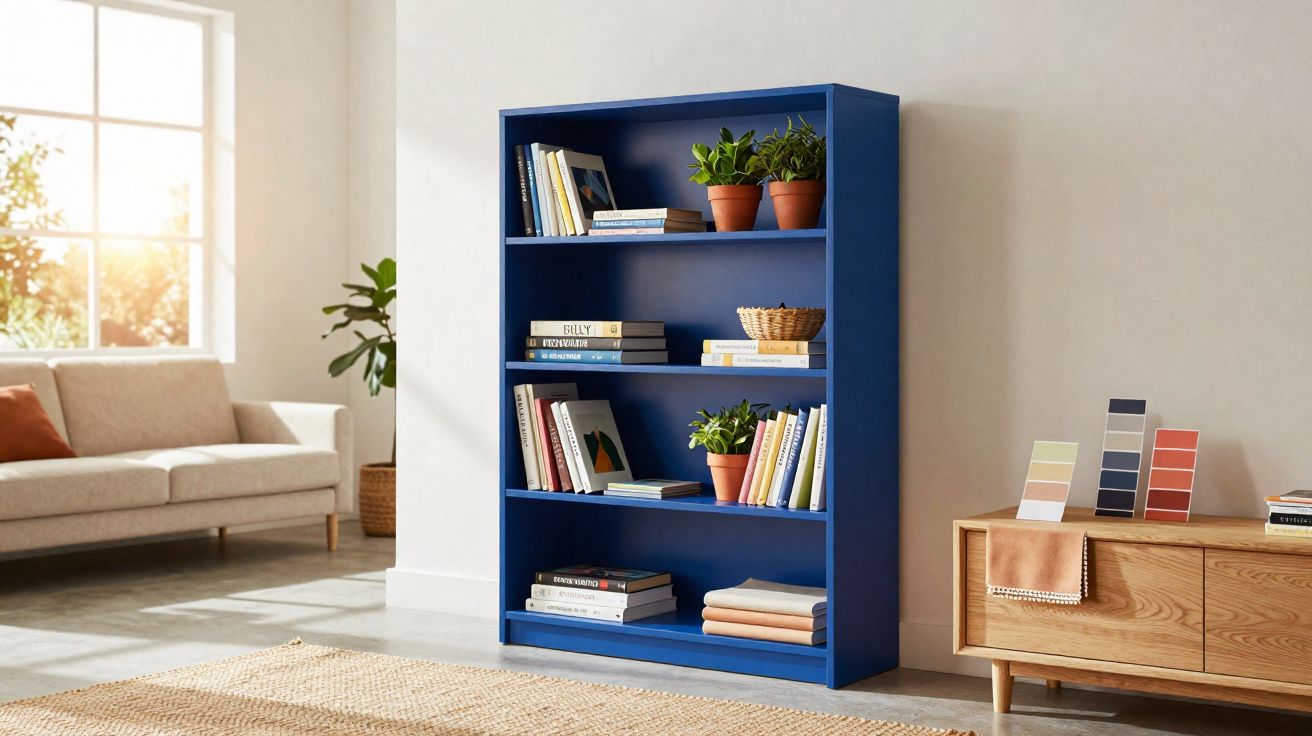 Estante azul com livros e plantas, numa sala luminosa com sofá bege e móvel de madeira.