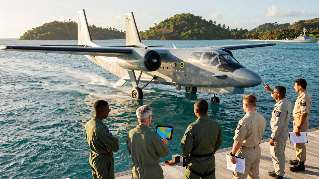 Avião militar aterrando na água perto de doca com seis pessoas em uniforme a observar.