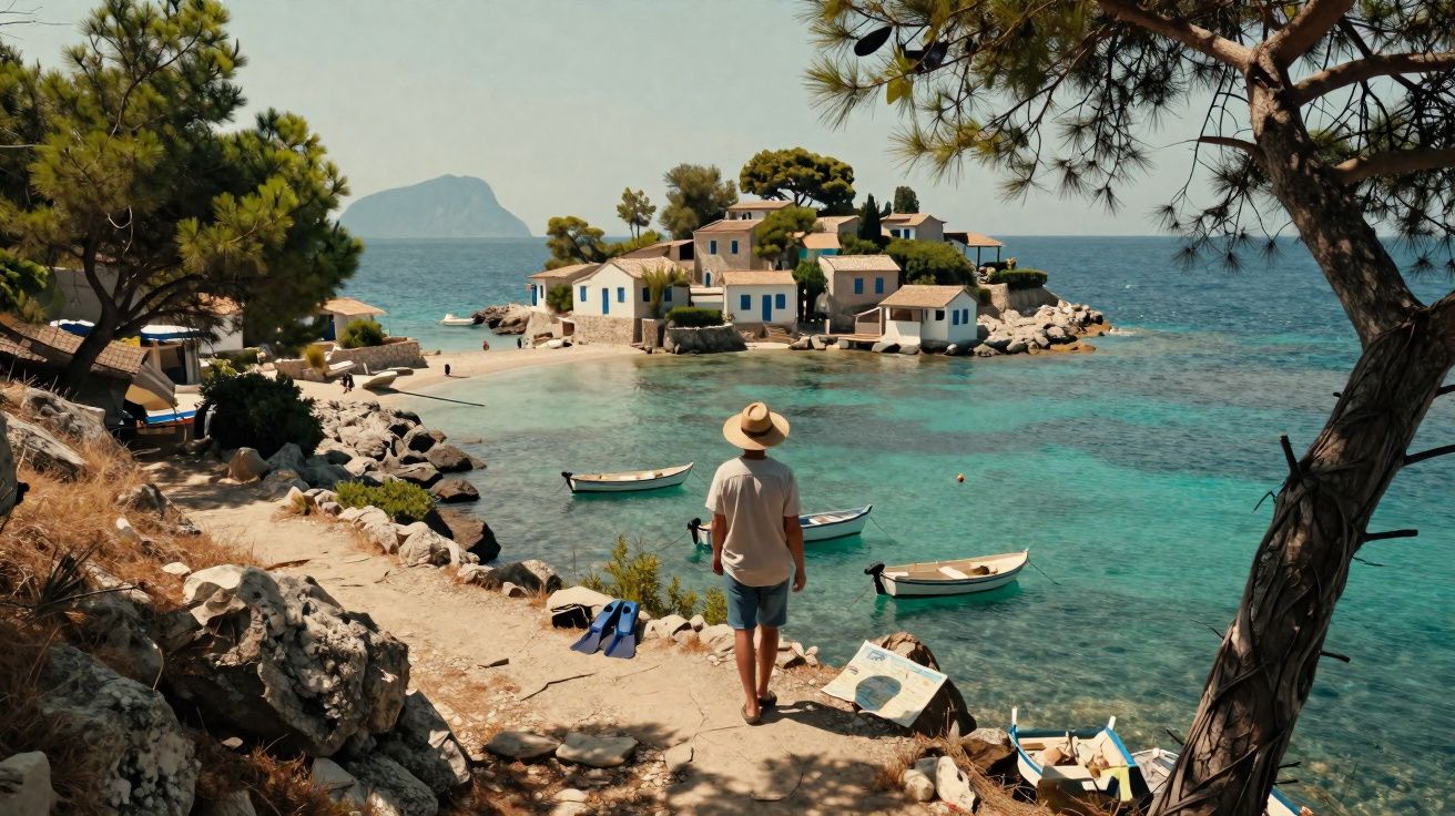 Homem de chapéu observa ilha com casas brancas e barcos no mar límpido, rodeado de árvores e pedras.
