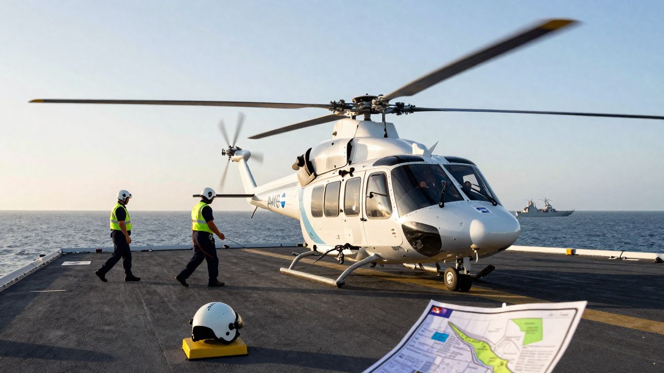 Helicóptero branco estacionado em convés naval com duas pessoas de colete e capacete e mapa em primeiro plano.