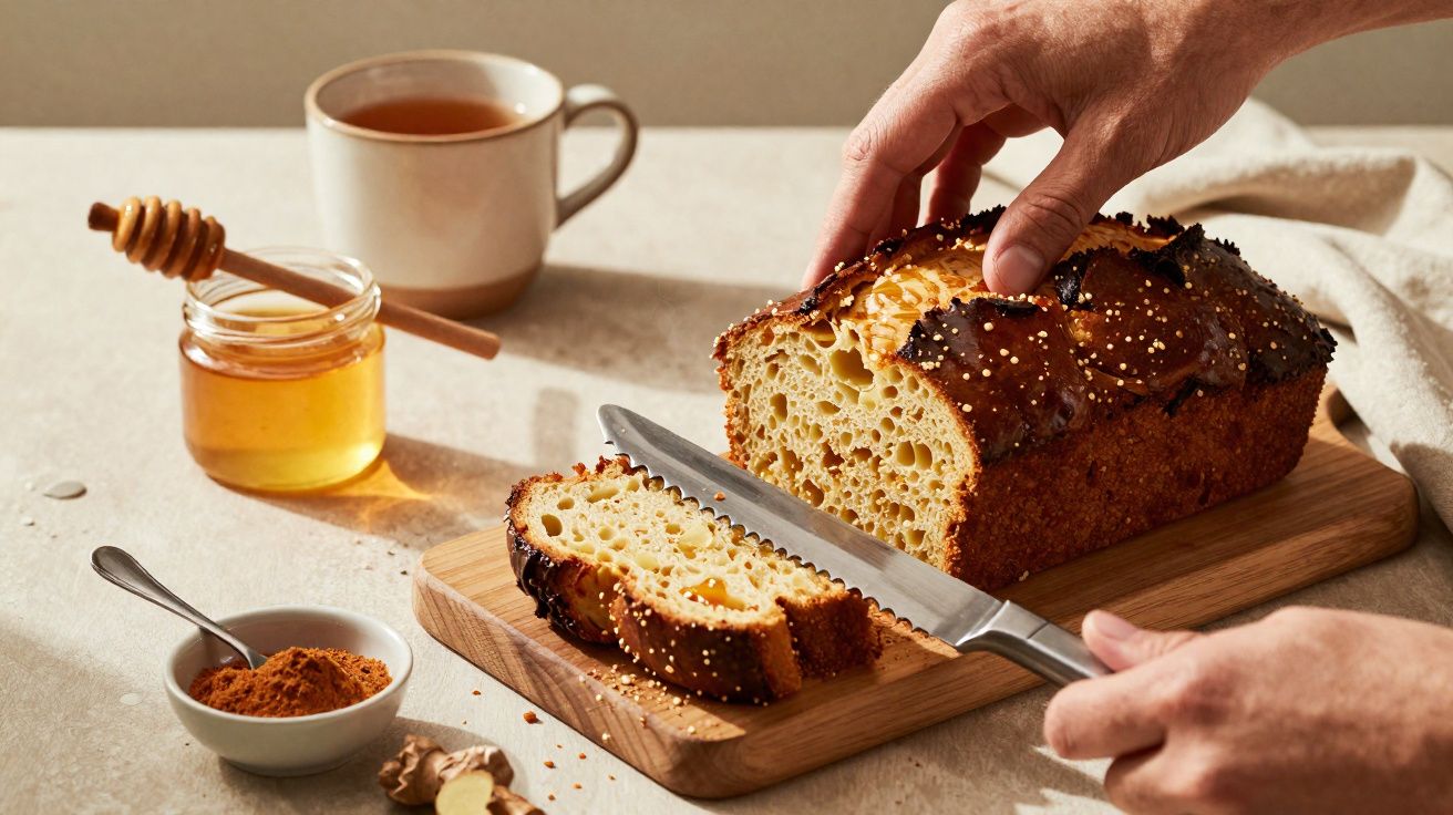 Pão caseiro fatiado numa tábua de madeira com mel, chá e especiarias ao lado sobre uma superfície clara.