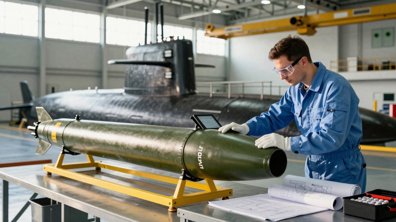 Engenheiro em uniforme azul inspeciona torpedo verde numa oficina com submarino ao fundo.