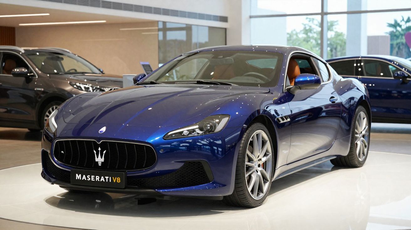 Desportivo Maserati azul com interior castanho exibido numa concessionária moderna e luminosa.
