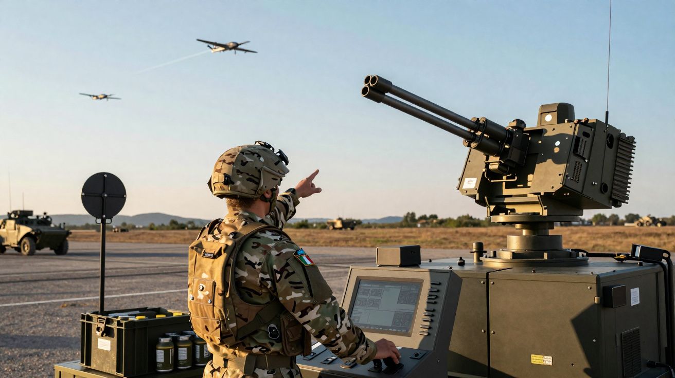 Soldado militar controla arma automática enquanto drones voam ao fundo em campo de treino.