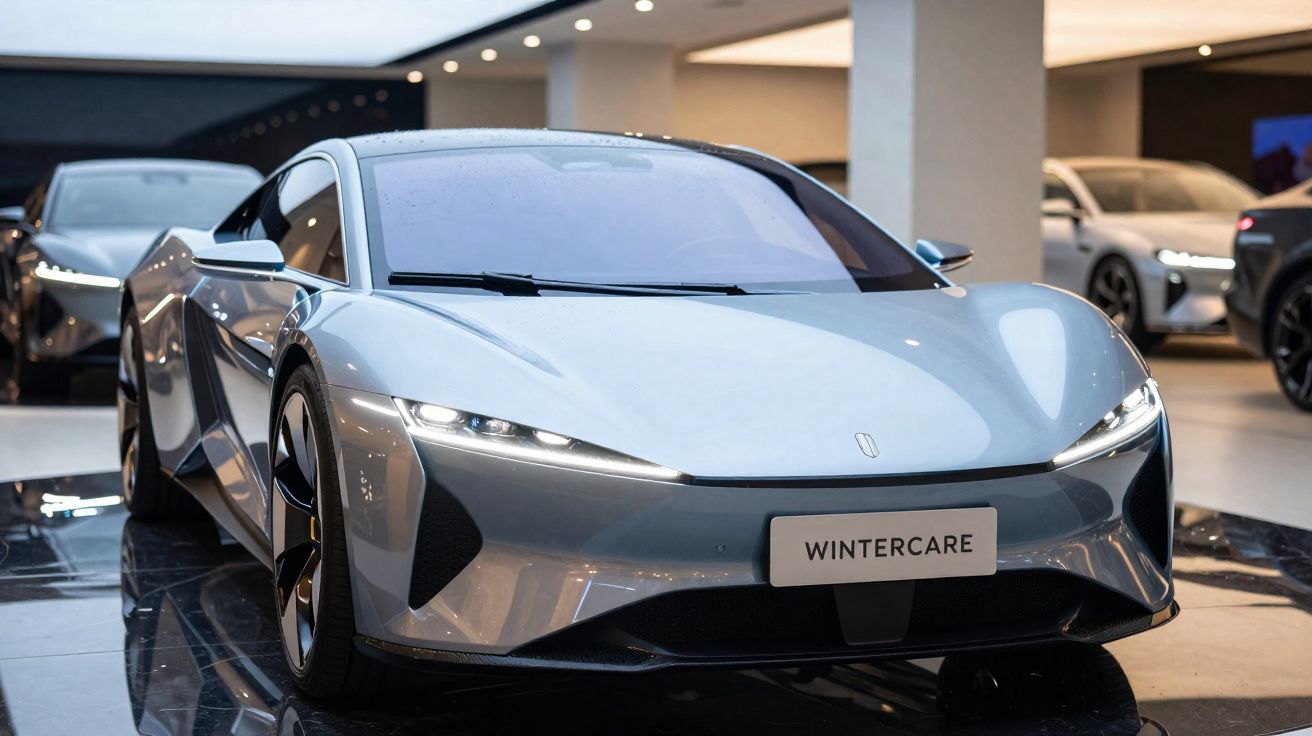 Carro desportivo elétrico prateado com design futurista em exposição num salão moderno.