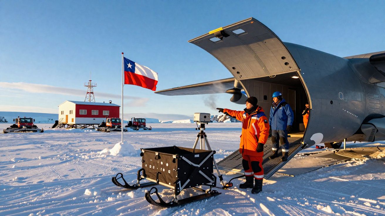 Investigadores em roupas polares junto a avião e bandeira do Chile na Antártida com neve e edifício ao fundo.