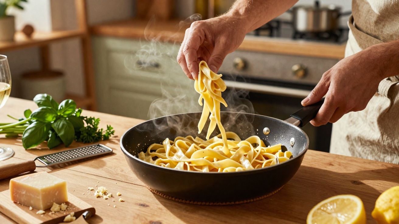 Mãos mexendo massa tagliatelle fumegante numa frigideira numa cozinha com ingredientes frescos sobre a mesa.