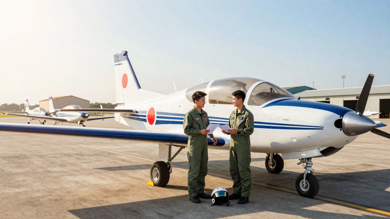 Dois pilotos em uniforme verde conversam ao lado de avião ligeiro estacionado em pista de aeroporto.