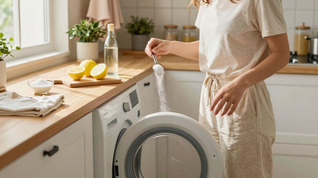 Pessoa a colocar bicarbonato de sódio na máquina de lavar roupa numa cozinha iluminada.