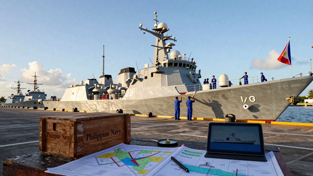 Navio militar da Marinha Filipina atracado, com mapas e tablet digital em primeiro plano no cais.