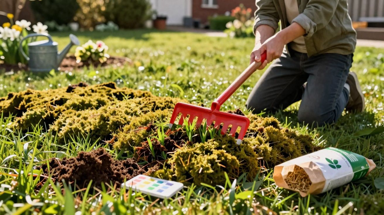Pessoa a usar um ancinho vermelho para cuidar de plantas num jardim ensolarado com terra e musgo.