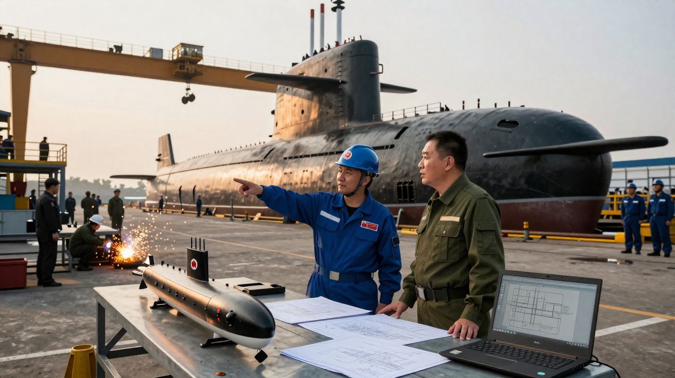 Dois trabalhadores analisam mapas junto a modelo de submarino, com submarino maior e pessoal de uniforme ao fundo no estaleir