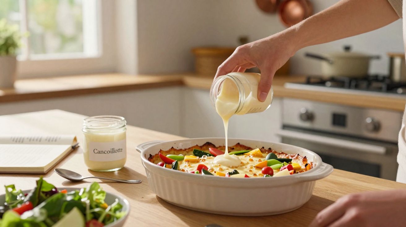 Pessoa a verter molho branco sobre uma cação de legumes gratinados numa cozinha moderna.