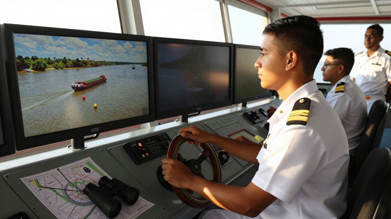 Jovem oficial naval em uniforme branco a operar leme digital numa ponte de comando com tripulação e monitores.