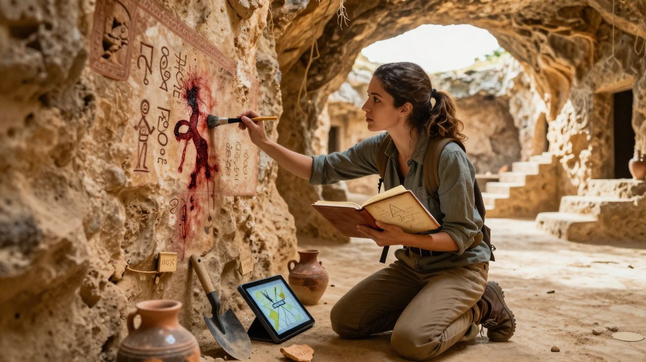 Mulher arqueóloga a pintar desenhos antigos numa caverna, rodeada de objectos arqueológicos e ferramentas.