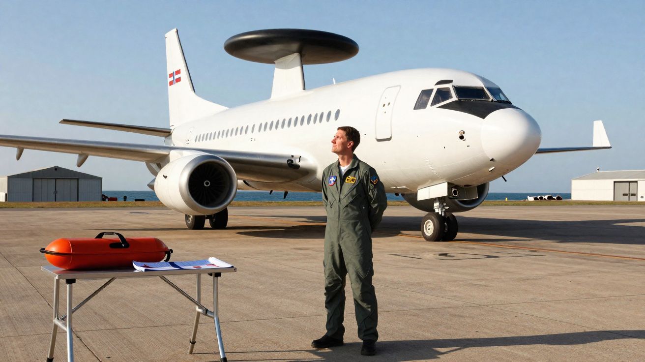 Piloto militar em pista com avião de reconhecimento aéreo atrás, ao lado de mesa com equipamento de emergência.