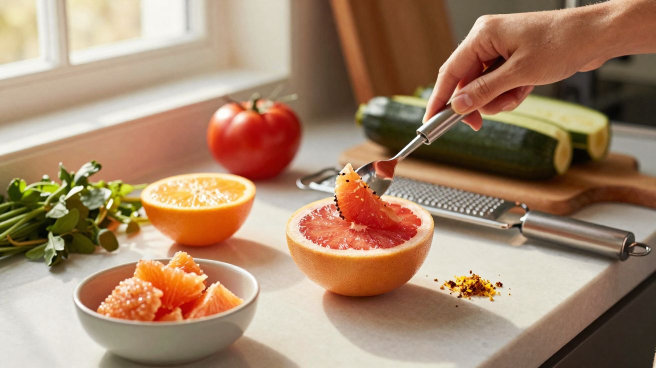 Mão a retirar pedaço de toranja vermelha, com outros frutos e legumes numa bancada de cozinha iluminada.