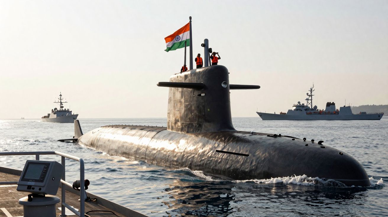 Submarino indiano com tripulantes e bandeira nacional, acompanhado por dois navios de guerra no mar.