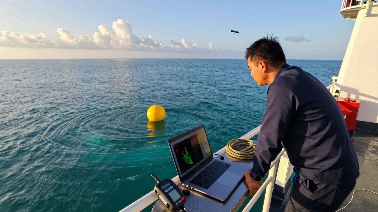 Homem observa computador portátil no convés de um barco, ao lado de bóia amarela no mar calmo.
