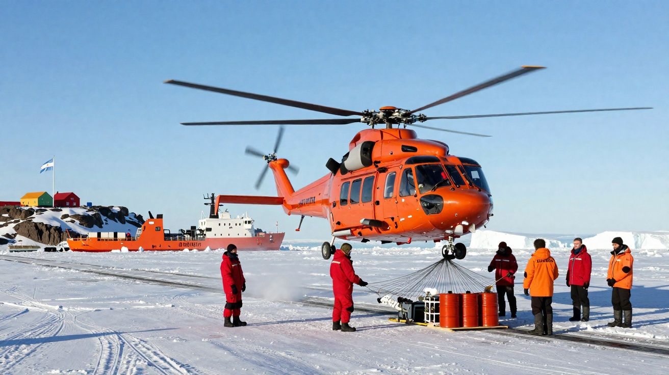 Helicóptero laranja a levantar carga com cilindros em terreno nevado, com seis pessoas vestidas para clima frio à volta.
