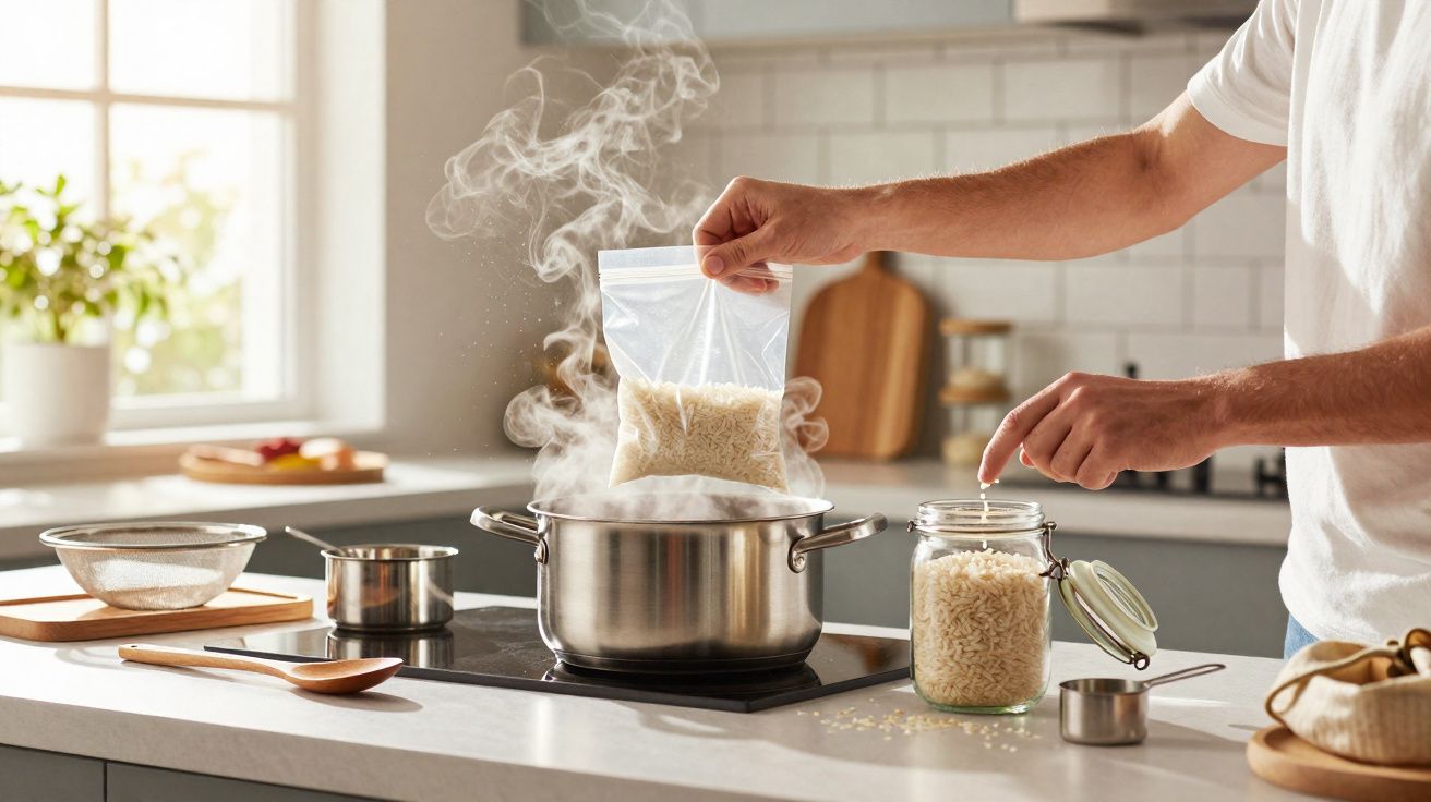 Pessoa a colocar arroz de um saco plástico numa panela a ferver numa cozinha moderna e iluminada.