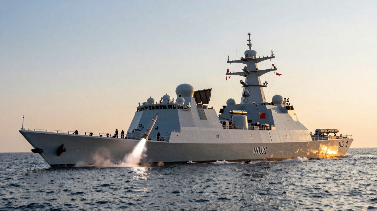 Navio de guerra militar a disparar um míssil sobre o mar ao pôr do sol.